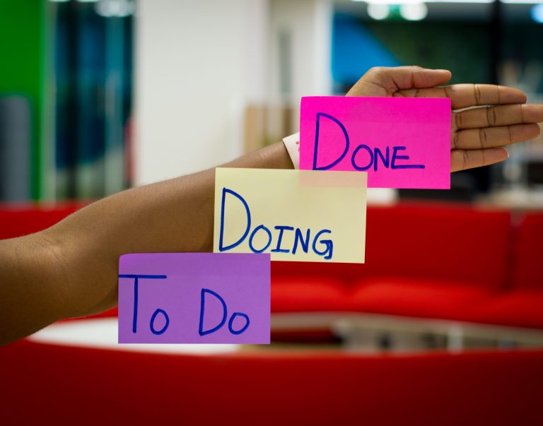 The image depicts three mini posters with the headlines “to do”, “doing”, “done”.